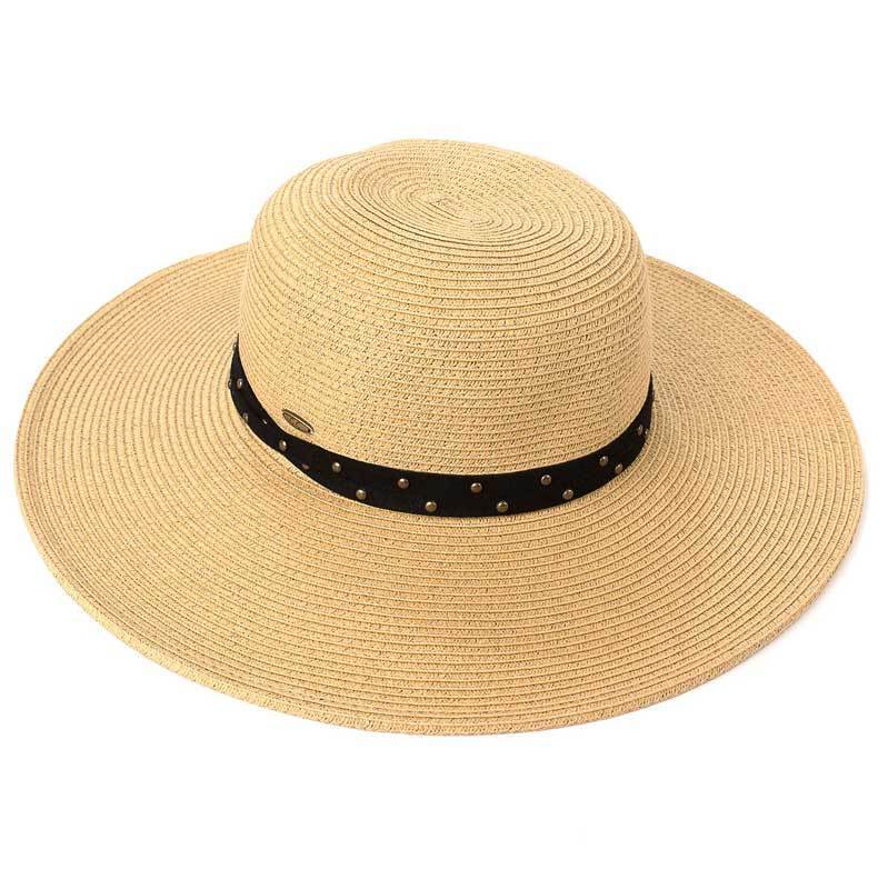 C.C Straw Brim Hat With Faux Suede Accented With A Studded Band 88% Paper Straw 12% Polyester