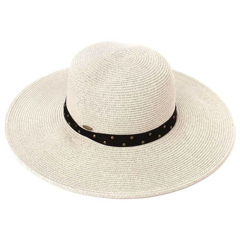 C.C Straw Brim Hat With Faux Suede Accented With A Studded Band 88% Paper Straw 12% Polyester