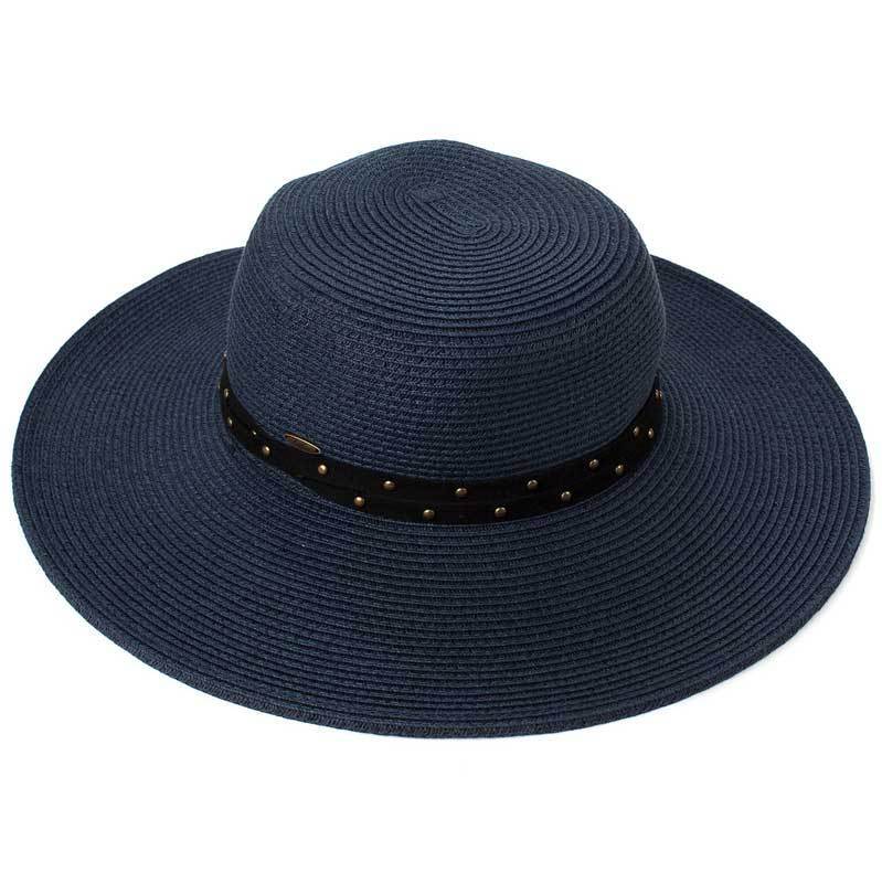 C.C Straw Brim Hat With Faux Suede Accented With A Studded Band 88% Paper Straw 12% Polyester