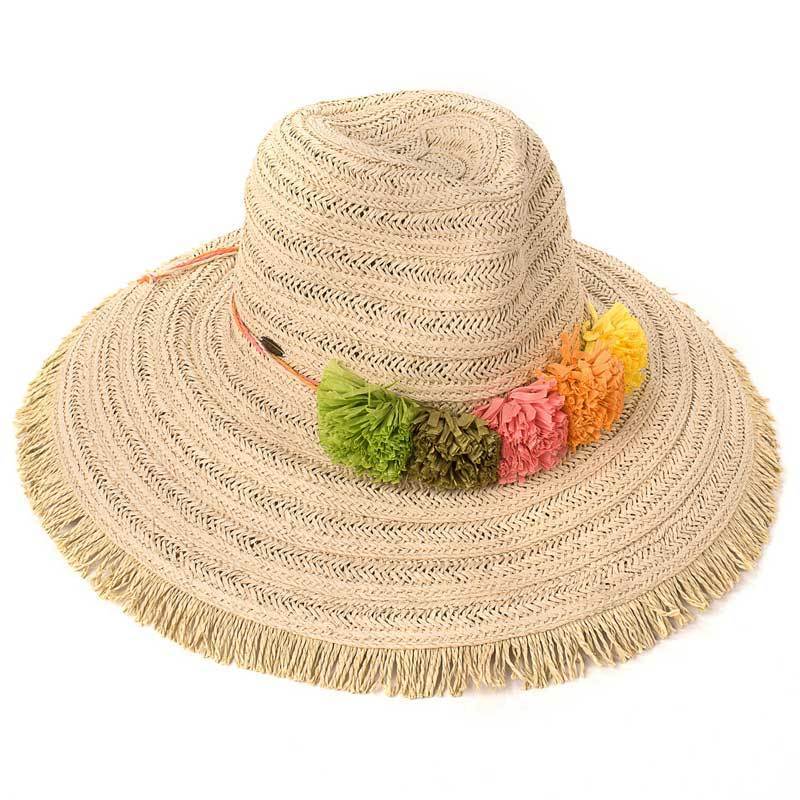 C.C Fringed Wide Brim Hat With Paper Flower Band 88% Paper Straw 12% Polyester