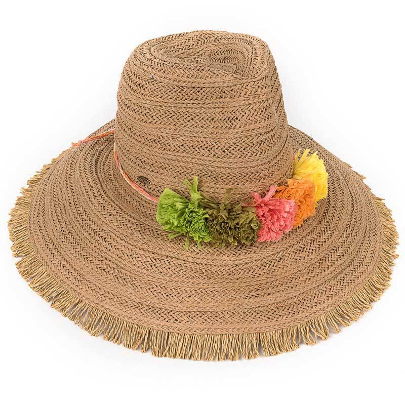 C.C Fringed Wide Brim Hat With Paper Flower Band 88% Paper Straw 12% Polyester