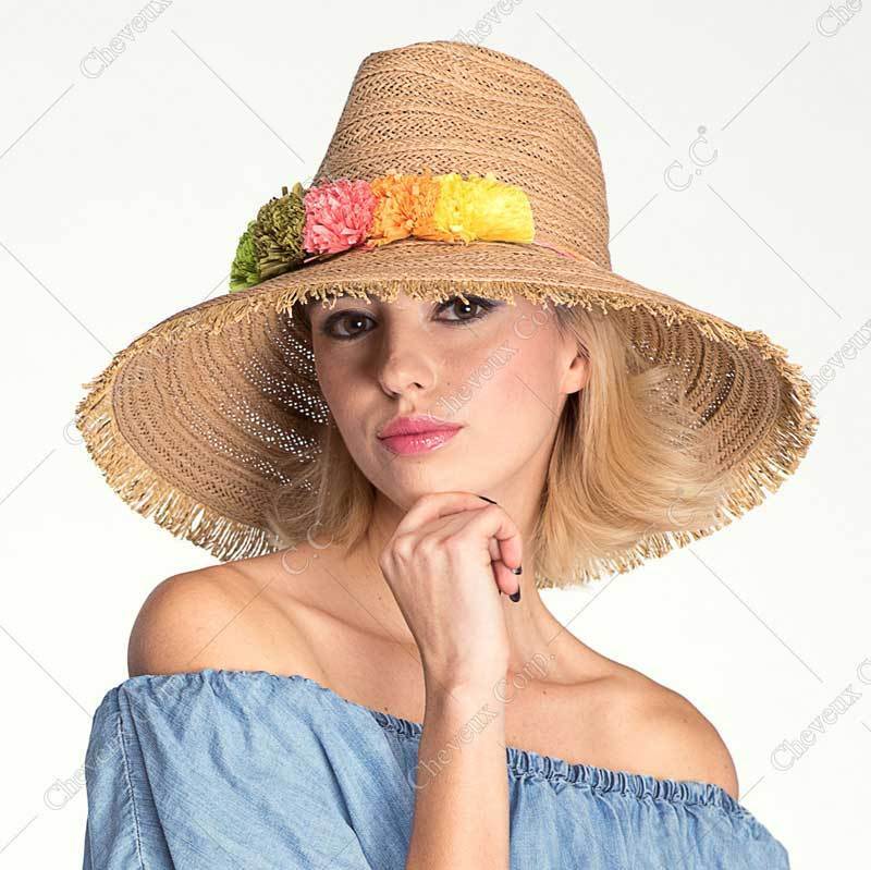 C.C Fringed Wide Brim Hat With Paper Flower Band 88% Paper Straw 12% Polyester