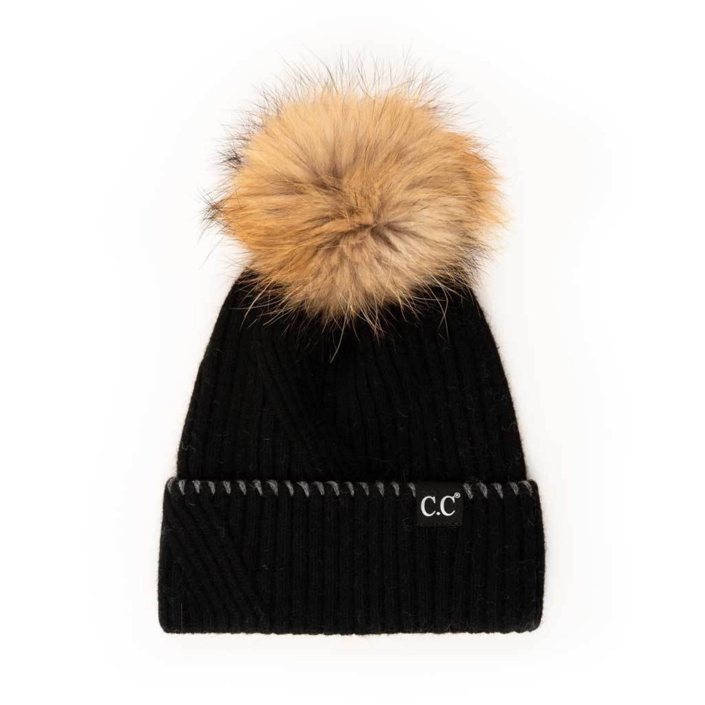 C.C Black Whipstitched On Ribbed Cuff Hat With Real Fur Pom