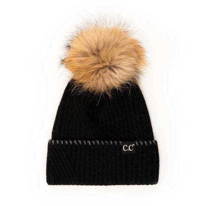 C.C Black Whipstitched On Ribbed Cuff Hat With Real Fur Pom
