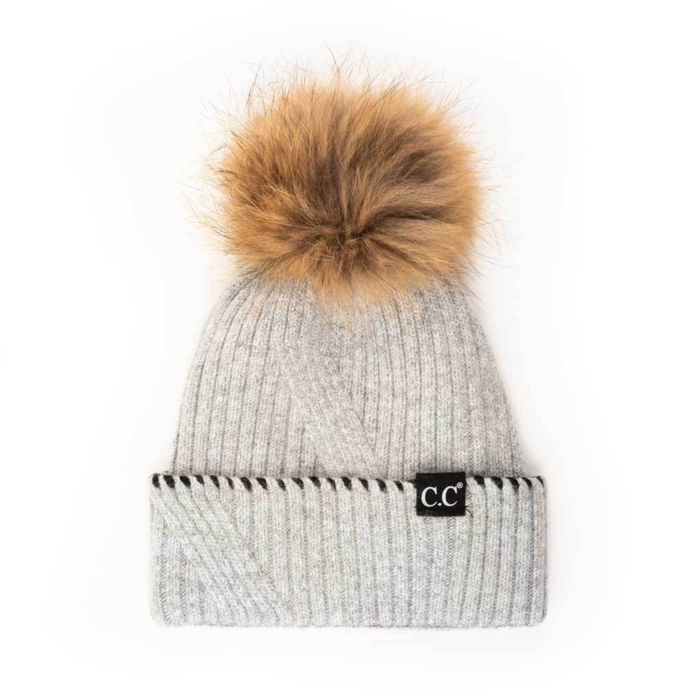 C.C Black Whipstitched On Ribbed Cuff Hat With Real Fur Pom