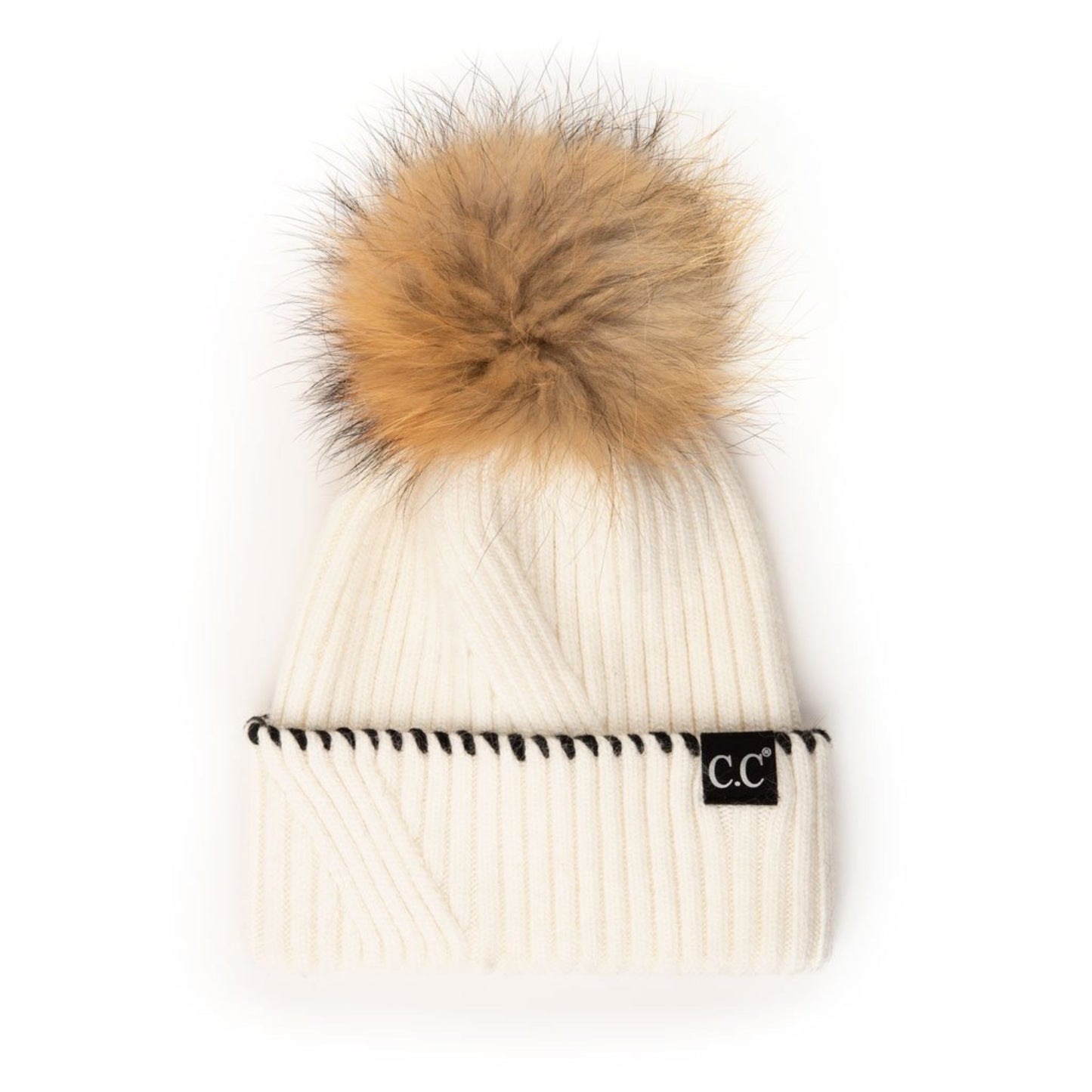 C.C Black Whipstitched On Ribbed Cuff Hat With Real Fur Pom