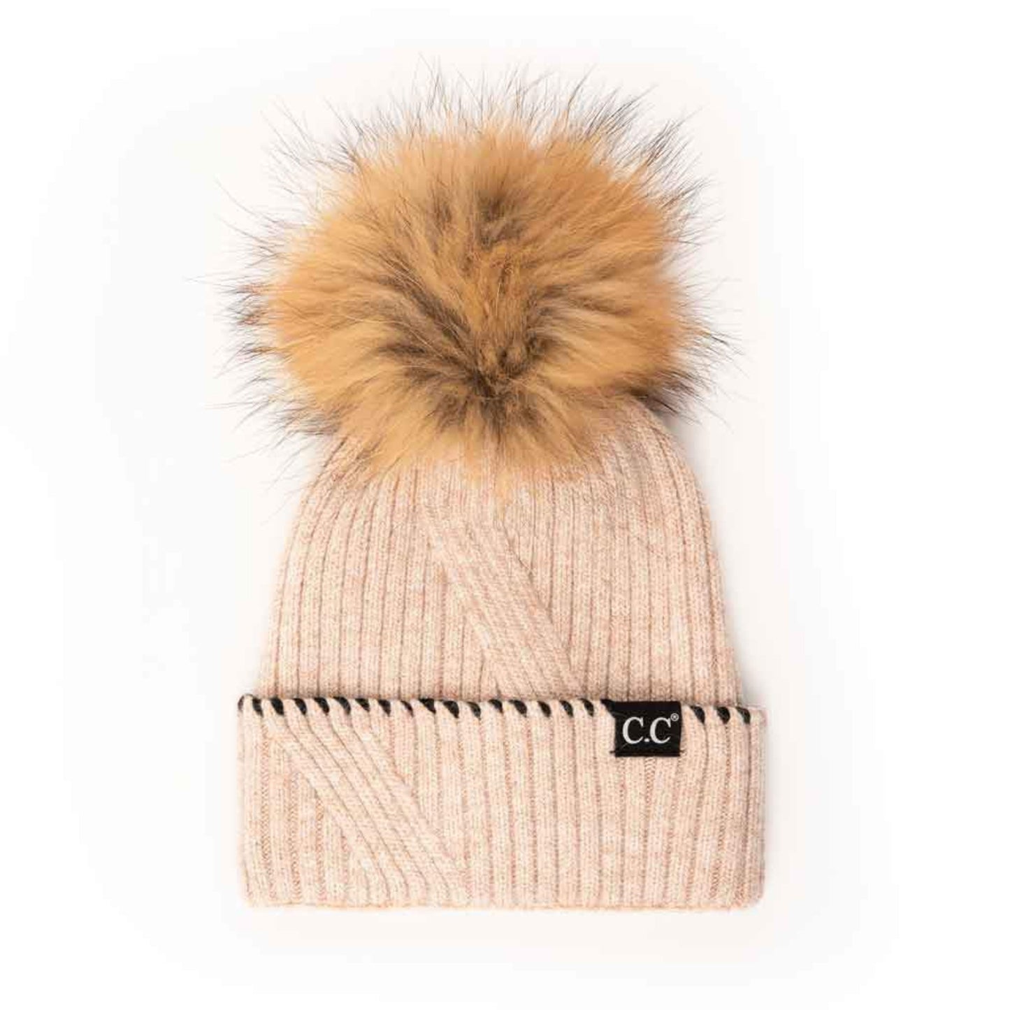 C.C Black Whipstitched On Ribbed Cuff Hat With Real Fur Pom