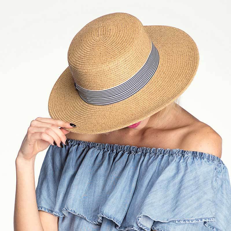 C.C Brim Hat With Stripe Band 75% Paper Straw 25% Polyester