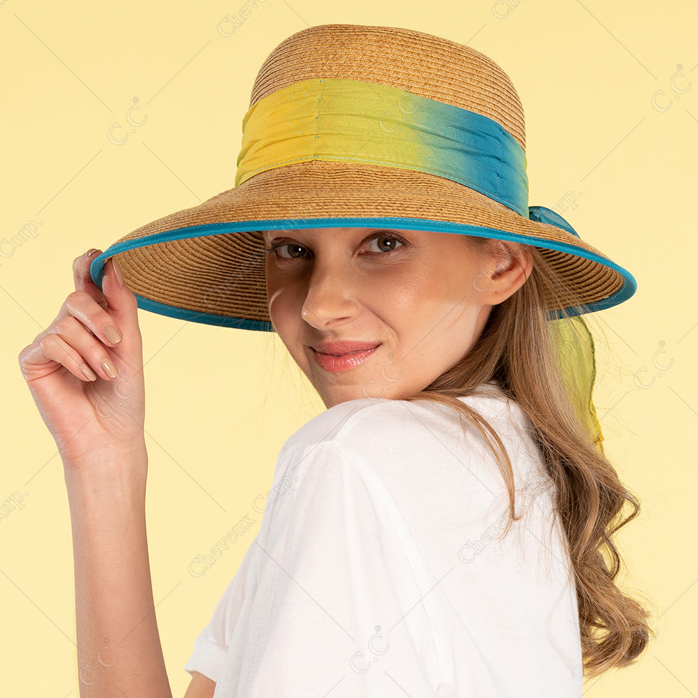 C.C Natural Paper Brim Hat With **Ombre Color Chiffon Sash Bow Sun Hat 88% Paper 12% Polyester