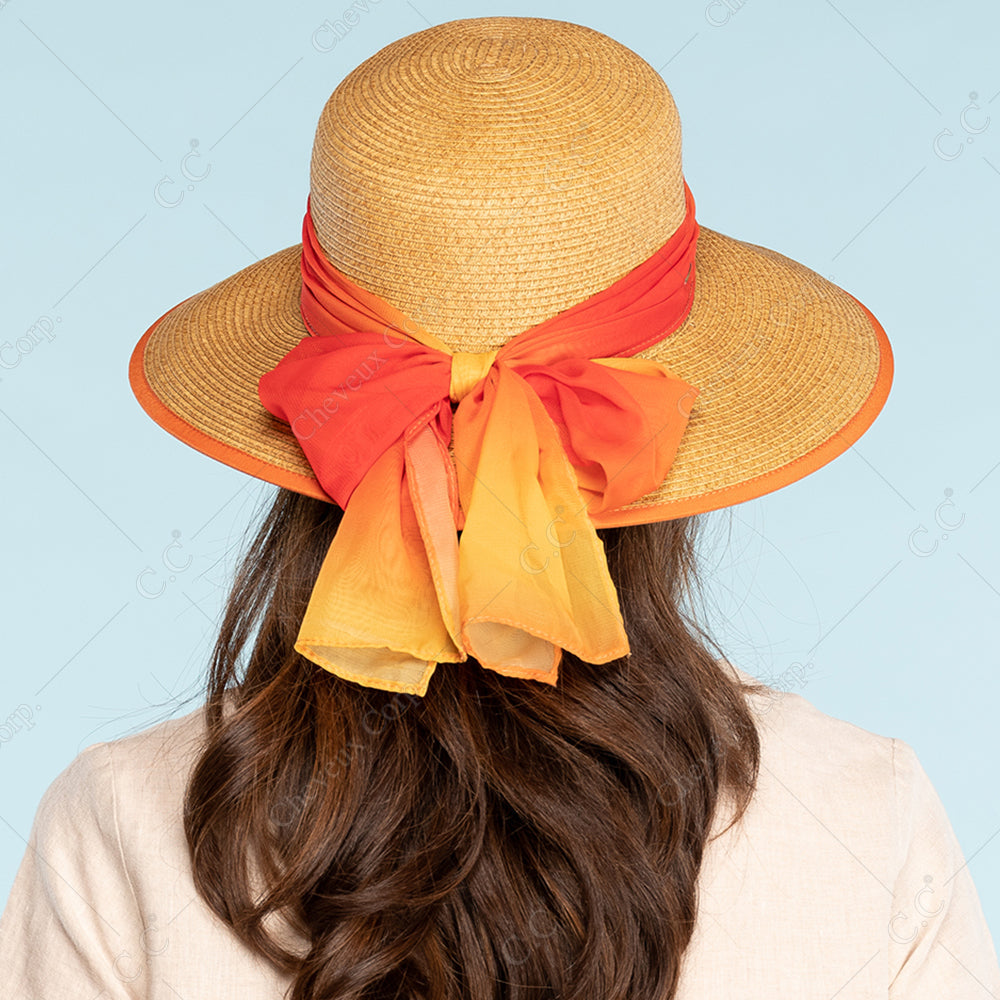 C.C Natural Paper Brim Hat With **Ombre Color Chiffon Sash Bow Sun Hat 88% Paper 12% Polyester
