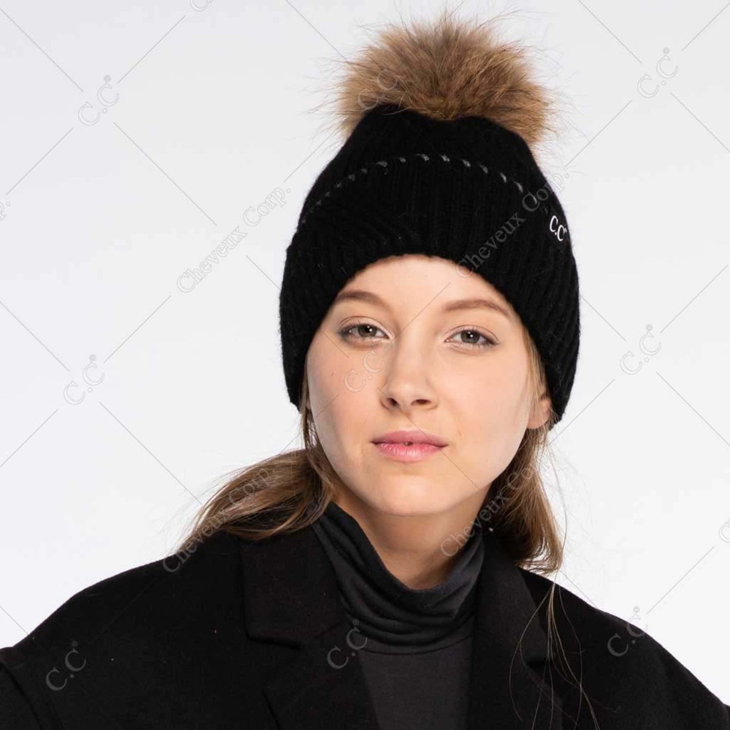 C.C Black Whipstitched On Ribbed Cuff Hat With Real Fur Pom