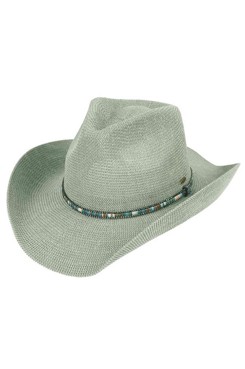 Sage Elevate your western style with this C.C Multi Colored Trim Band Knitted Cowboy Hat. Crafted from a breathable blend of 60% paper and 40% polyester, this one-size hat offers comfort and durability. The vibrant multi-colored trim band adds a pop of personality to any outfit. With a 3.25" brim and 4.5" crown height, it provides excellent sun protection while maintaining that classic cowboy silhouette. Perfect for ranch days, country festivals, or casual everyday wear. Circumference: 22.6".