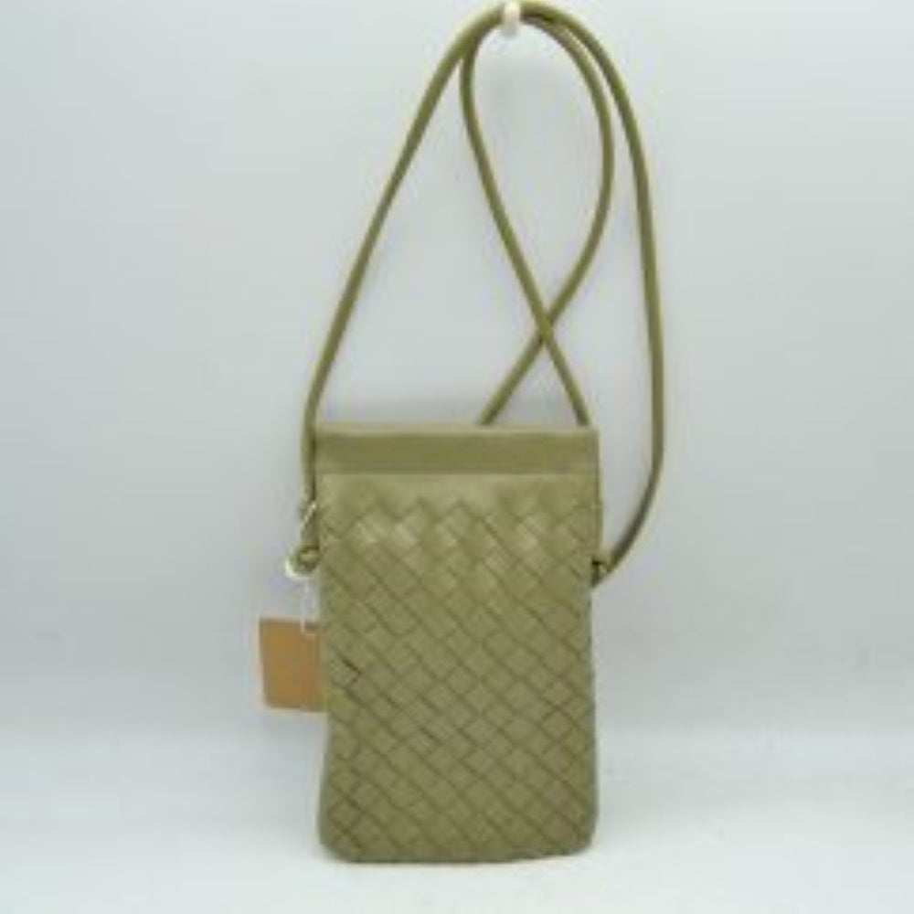 Stage reen This compact vertical crossbody bag is designed for everyday functionality with a distinct woven textured pattern across its body. It features a slim, continuous cord strap attached securely to the sides with visible knot details for comfortable carrying. A clean horizontal opening at the top allows effortless access to the main storage compartment