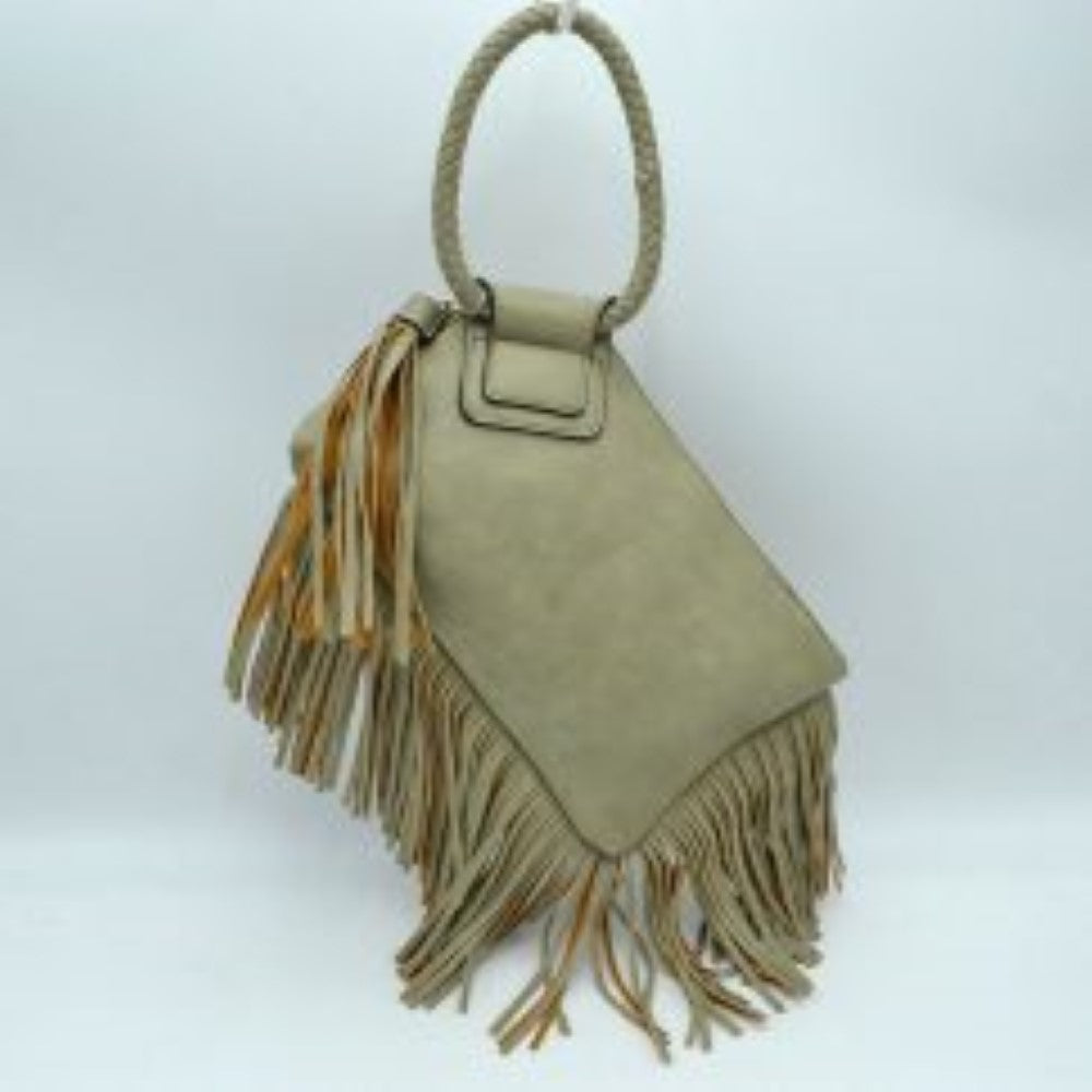 Sage This everyday clutch bag features a smooth, structured body prominently styled with long cascading fringe accents along the lower trim and side panel. Designed for convenient hand carrying, it is equipped with a distinctively braided, circular top handle anchored securely to a reinforced upper flap. The main storage compartment features a secure top zipper closure with metallic teeth