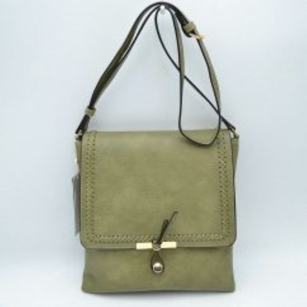 Sage Infuse your daily style with a touch of bohemian elegance with this classic flap crossbody bag. Boasting a softly structured, vertical square silhouette, this handbag stands out with intricate braided stitched detailing that frames the edges of the main top flap. A unique, polished metallic bar and dangling pull-tab closure anchor the front, offering a secure seal and a contemporary focal point.