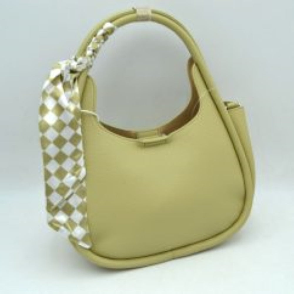 Sage Embrace a sleek, modern aesthetic with this beautifully contoured hobo shoulder bag, designed to add an effortless touch of class to your collection. Featuring a classic crescent-shaped silhouette and a premium pebble-textured finish, this handbag provides excellent durability while maintaining its upscale, structured look. The sleek top shoulder strap is chicly wrapped with a removable checkerboard print accent scarf, offering a subtle nod to vintage elegance.