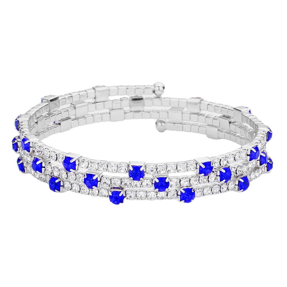 Sapphire Silver Rhinestone Coil Evening Bracelet, get ready with this rhinestone bracelet to receive the best compliments on any special occasion. This classy evening bracelet is perfect for parties, Weddings, and Evenings. Awesome gift for birthdays, anniversaries, Valentine’s Day, or any special occasion.