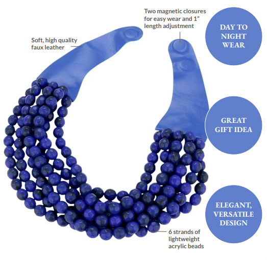 royal blue chunky acrylic beaded multi-strand necklace with magnetic clasp