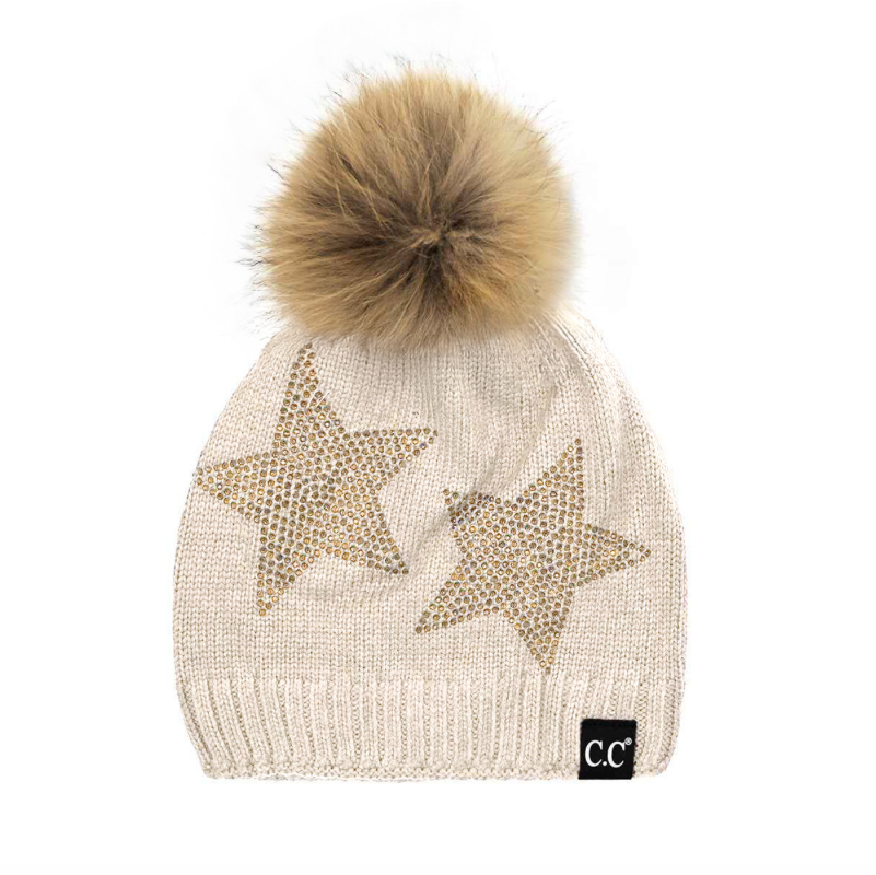 C.C Real Fur Pom With Rhinestones Hat