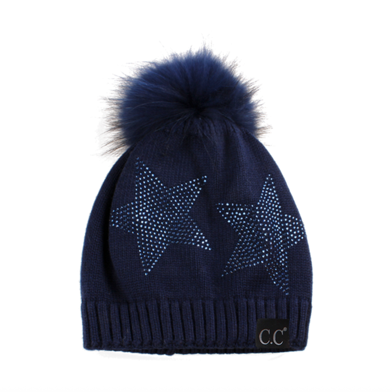 C.C Real Fur Pom With Rhinestones Hat