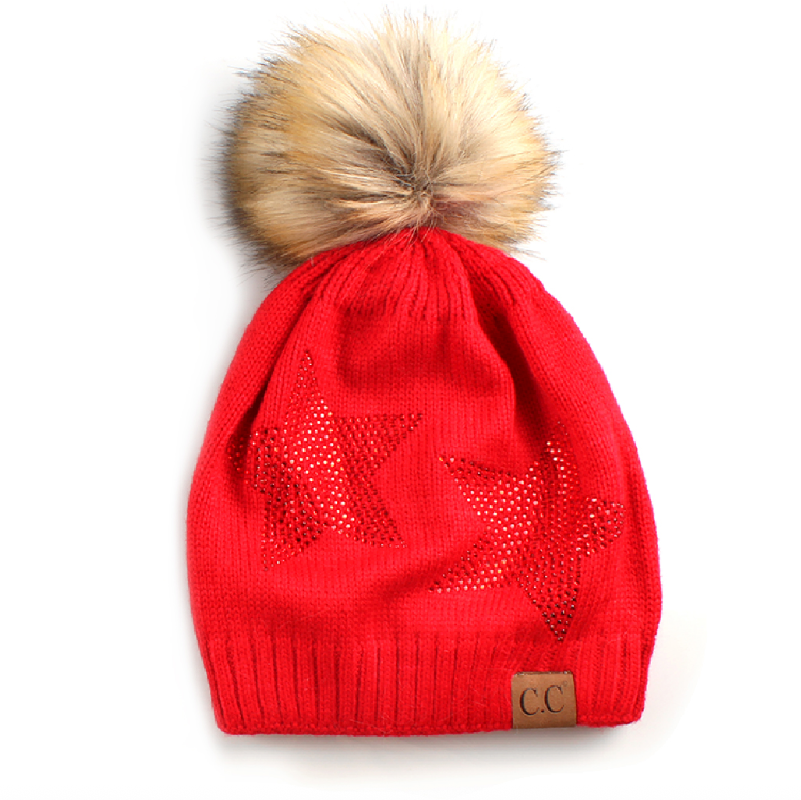 C.C Real Fur Pom With Rhinestones Hat