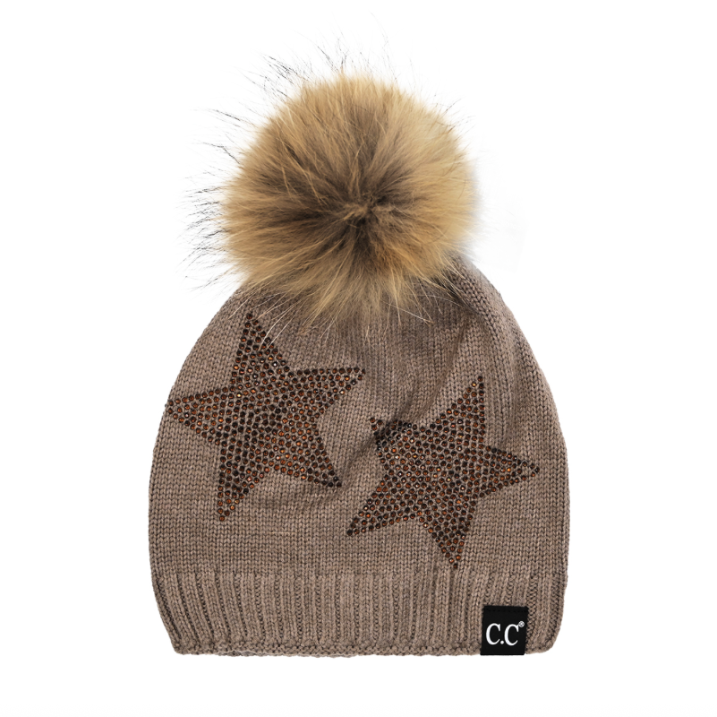 C.C Real Fur Pom With Rhinestones Hat