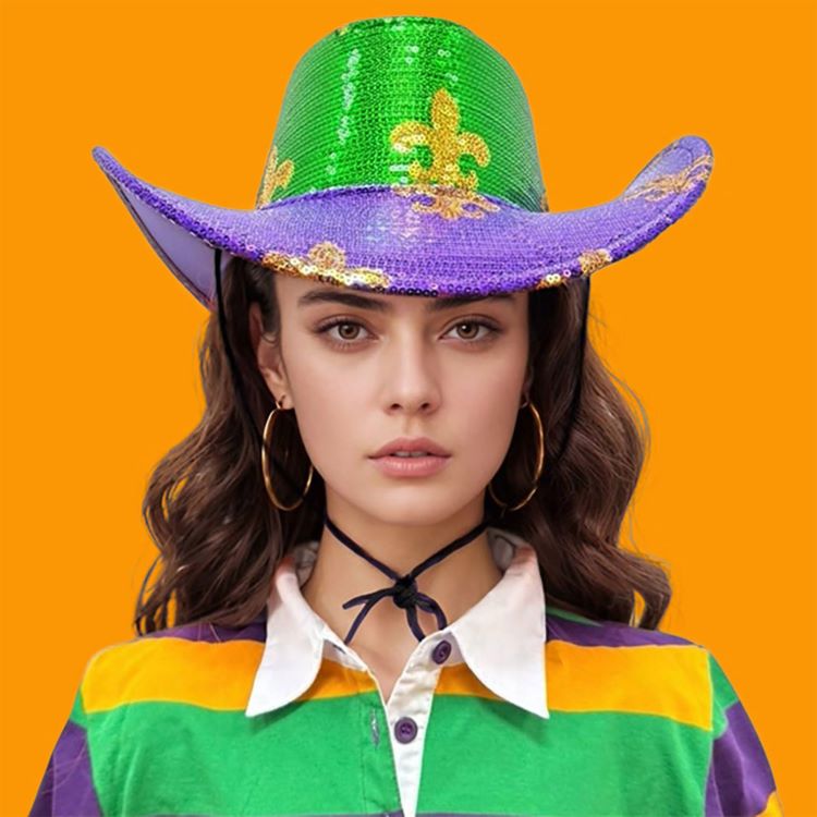Festive cowboy-style hat designed for parades, themed parties, and carnival celebrations. Features a bold fleur-inspired accent and structured western silhouette that enhances costumes, group looks, photo moments, and event styling with playful statement appeal.
