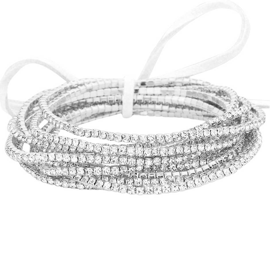 Silver 12PCS Ribbon Colorful Rhinestone Layered Stretch Bracelets. This Rhinestone Stretch Bracelet sparkles all around with it's surrounding round stones, stylish stretch bracelet that is easy to put on, take off and comfortable to wear. It looks modern and is just the right touch to set off LBD. Perfect jewelry to enhance your look. Awesome gift for birthday, Anniversary, Valentine’s Day or any special occasion.