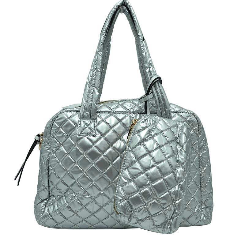 2-in-1 Large Quilted Tote Bag with Pouch - Silver - Tote Bag