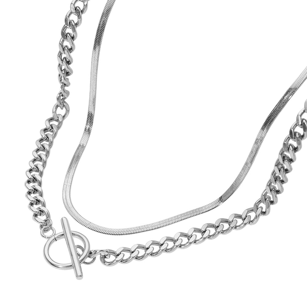 Silver 2PCS Metal Snake Chain Chunky Toggle Necklaces add a touch of edgy sophistication to any outfit. Made with durable metal, the toggle closure offers a secure fit. Achieve a bold and modern look with these versatile statement pieces. 