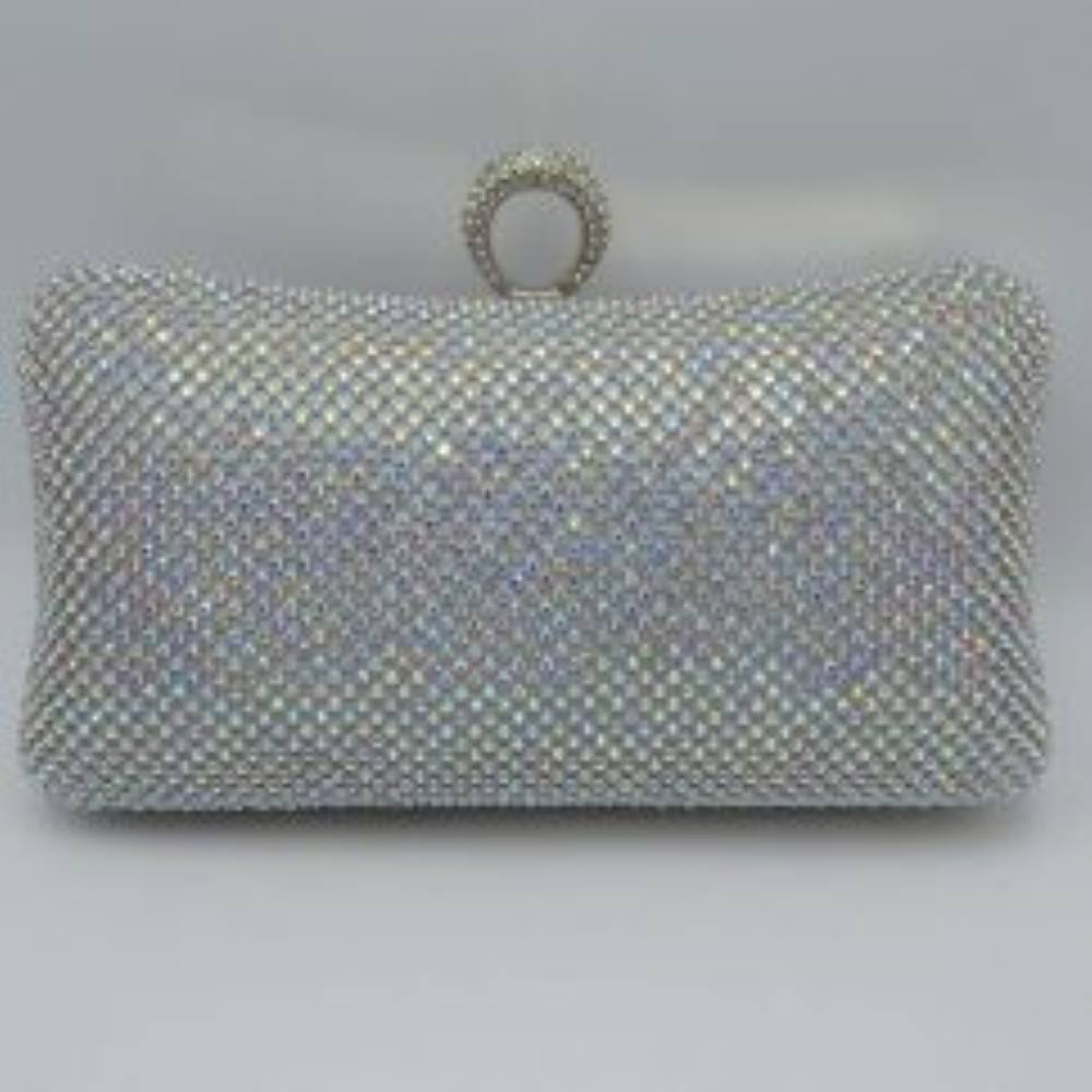 Silver-Aurora borelis This hard-shell box clutch features a curved rectangular profile entirely covered in neat rows of small, shimmering circular embellishments for an elegant accent to everyday ensembles. A prominent, textured ring-style clasp sits centered at the top, serving as both a functional closure mechanism to access the interior storage compartment and an integrated finger-loop handle element for secure hand-held carrying.