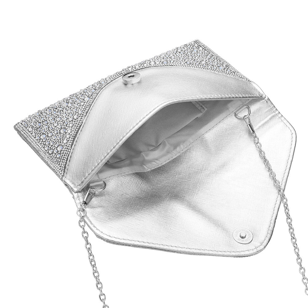 Silver Bling Stone Studded Clutch Bag doubles as a crossbody bag as well, making it a versatile and stylish choice for any evening occasion. The bling stones add a touch of glamour, while the flap envelope design keeps your belongings secure. Perfect for a night out, this bag will elevate any outfit.