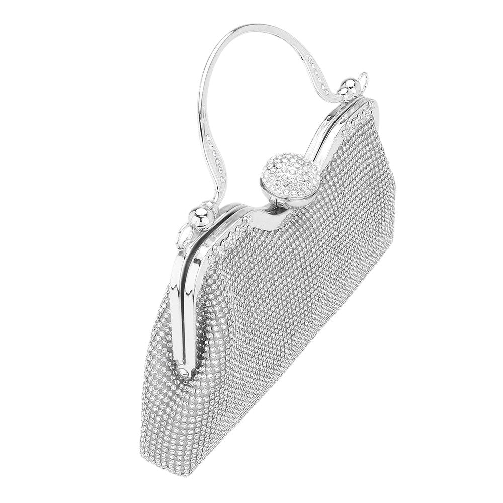 Silver Bling Rhinestone Mesh Top Handle Evening Bag Crossbody Bag exudes elegance and glamour. The sparkling rhinestone mesh adds a touch of luxury to any outfit. Its top handle and detachable crossbody strap provide versatility and convenience. Perfect for special occasions, this bag is sure to make a statement.