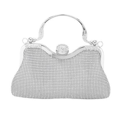 Silver Bling Rhinestone Mesh Top Handle Evening Bag Crossbody Bag exudes elegance and glamour. The sparkling rhinestone mesh adds a touch of luxury to any outfit. Its top handle and detachable crossbody strap provide versatility and convenience. Perfect for special occasions, this bag is sure to make a statement.