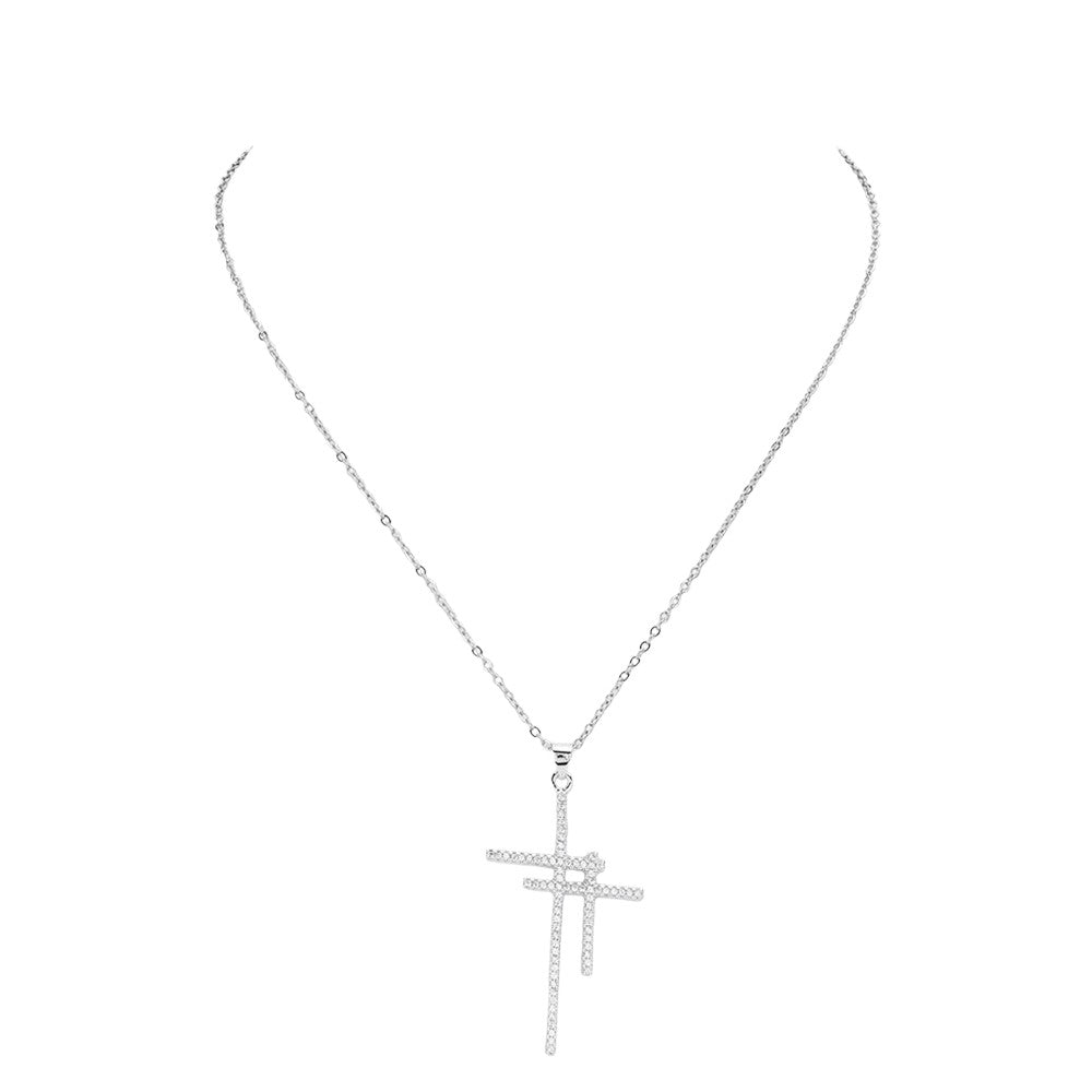 Silver CZ Stone Paved Double Cross Pendant Stainless Steel Necklace is a perfect blend of style and durability. Crafted with high-quality stainless steel and adorned with sparkling CZ stones, this necklace exudes elegance. The double cross pendant design adds a unique touch, making it a versatile accessory for any outfit.