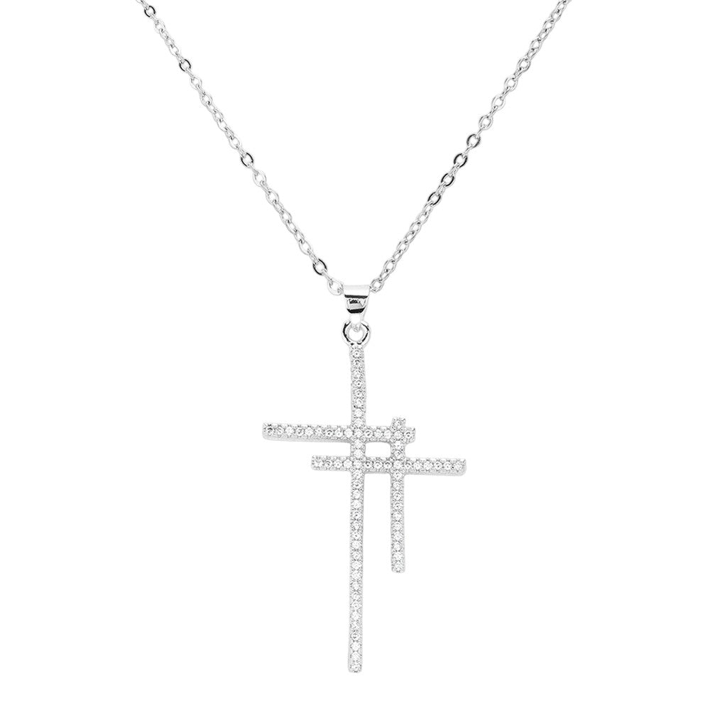 Silver CZ Stone Paved Double Cross Pendant Stainless Steel Necklace is a perfect blend of style and durability. Crafted with high-quality stainless steel and adorned with sparkling CZ stones, this necklace exudes elegance. The double cross pendant design adds a unique touch, making it a versatile accessory for any outfit.