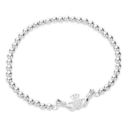 CZ Stone Paved Irish Claddagh Stainless Steel Ball Stretch Bracelet - Silver - Bracelets