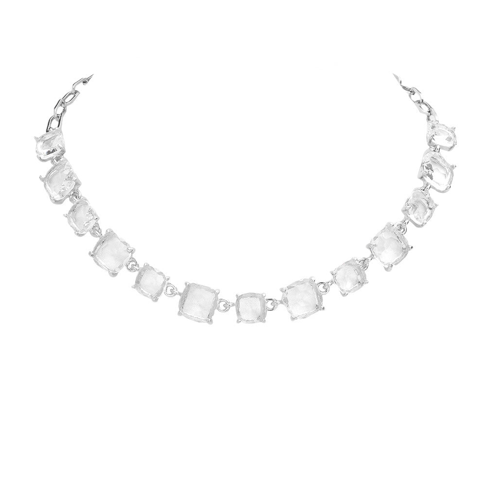 Silver Cushion Square Stone Link Evening Necklace, is the perfect accessory for any occasion. Crafted with attention to detail, this evening necklace will add a touch of glamour to any attire. Perfect Birthday Gift, Mother's Day Gift, Anniversary Gift, Christmas Gift, Valentine's Day Gift, Wedding Party.