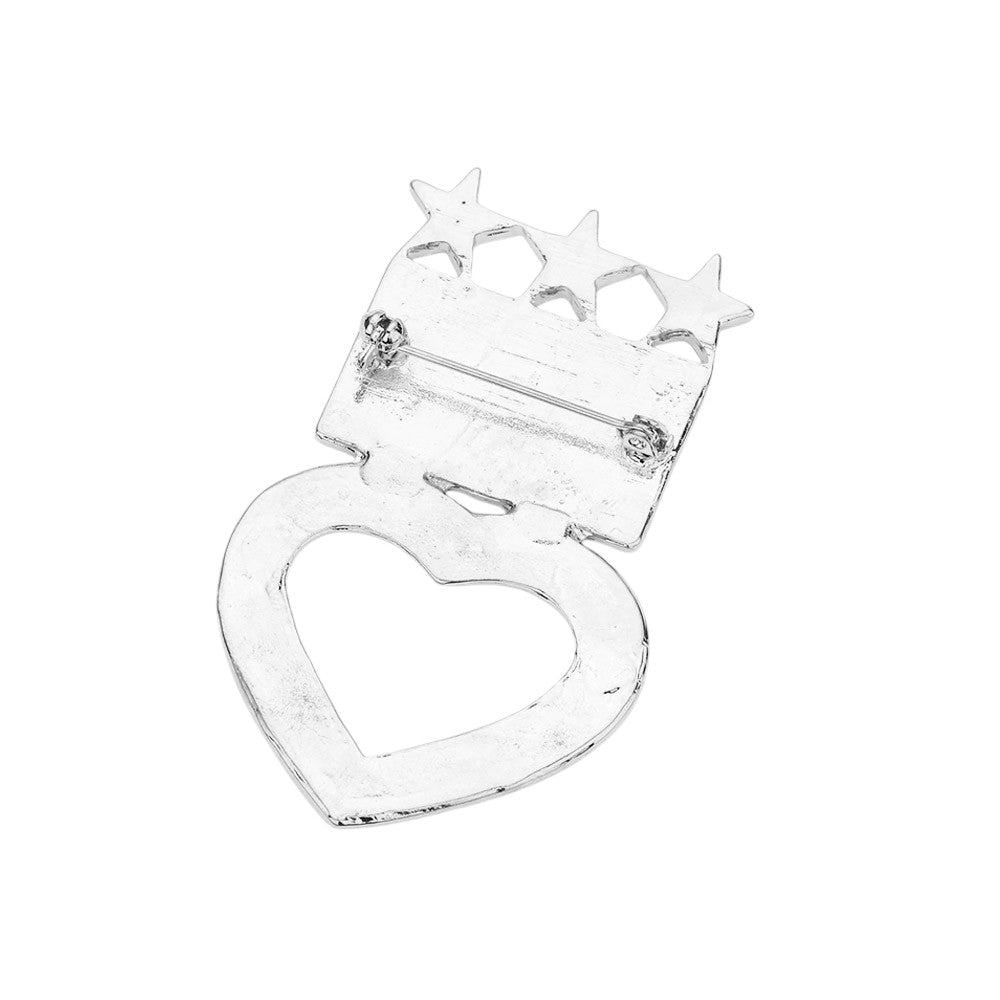 Silver Enamel American USA Flag Open Heart Pin Brooch features precision-crafted detailing with authentic red, white, and blue colouration. The open heart design symbolises patriotic devotion while maintaining elegant aesthetics. Constructed with quality metal backing and professional-grade enamel, this durable brooch includes a secure fastening mechanism suitable for various fabrics and accessories. An ideal statement piece for national holidays or everyday American pride.