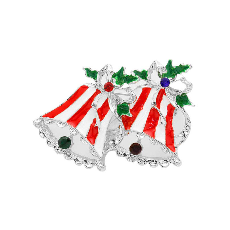 Enamel Christmas Jingle Bell Pin Brooch - Silver - Brooches