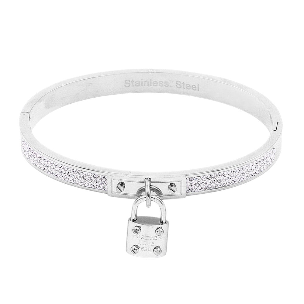 Silver FOREVER LOVE Metal Lock Charm Stainless Steel Evening Bracelet exudes elegance and sophistication. Made of durable stainless steel, it features a charming lock design that symbolises everlasting love. The perfect accessory for any evening event, this bracelet adds a touch of class to any outfit.