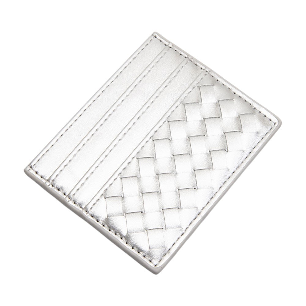 Silver Faux Leather Basket Weave Card Holder Wallet boasts a stylish basket weave design. Made from durable materials, it can securely hold multiple cards and cash while keeping a slim profile. Perfect for those looking for a sophisticated and functional accessory.