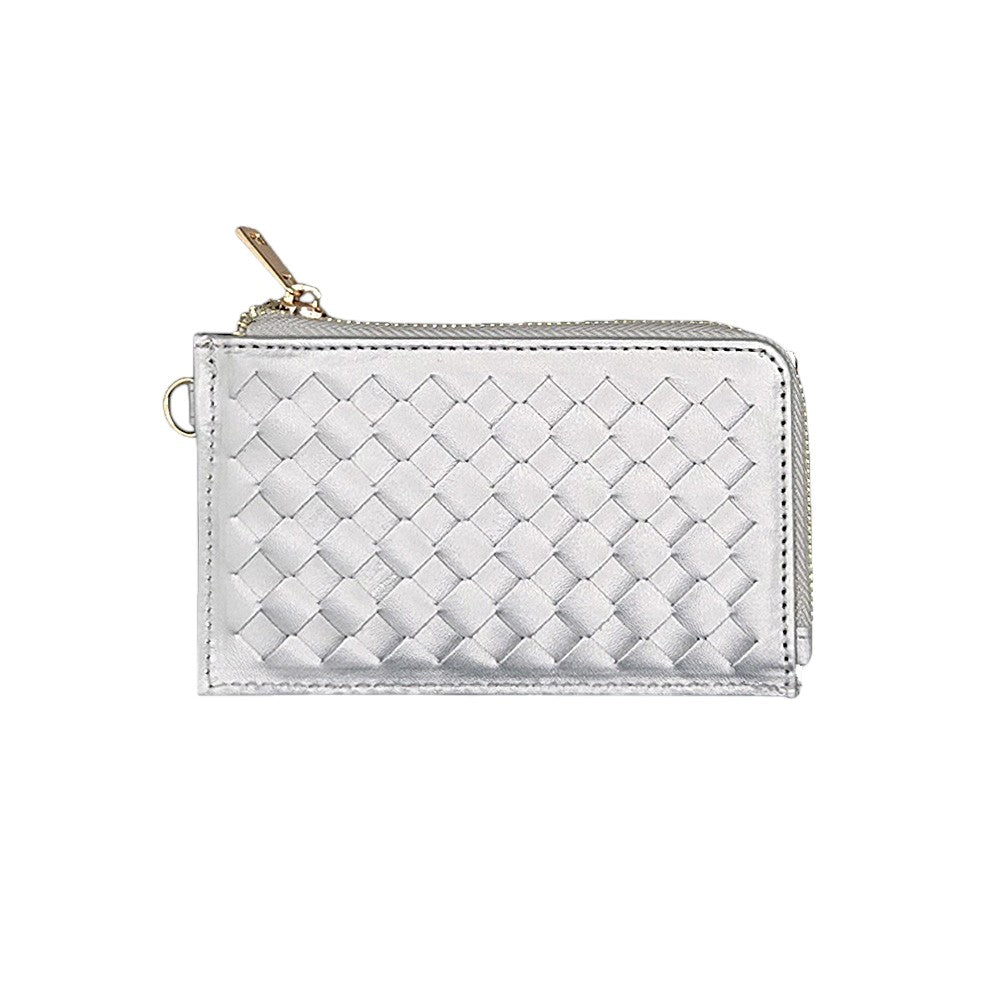 Faux Leather Basket Weave Flat Card Holder Wallet with Wristlet - Silver - Wallets
