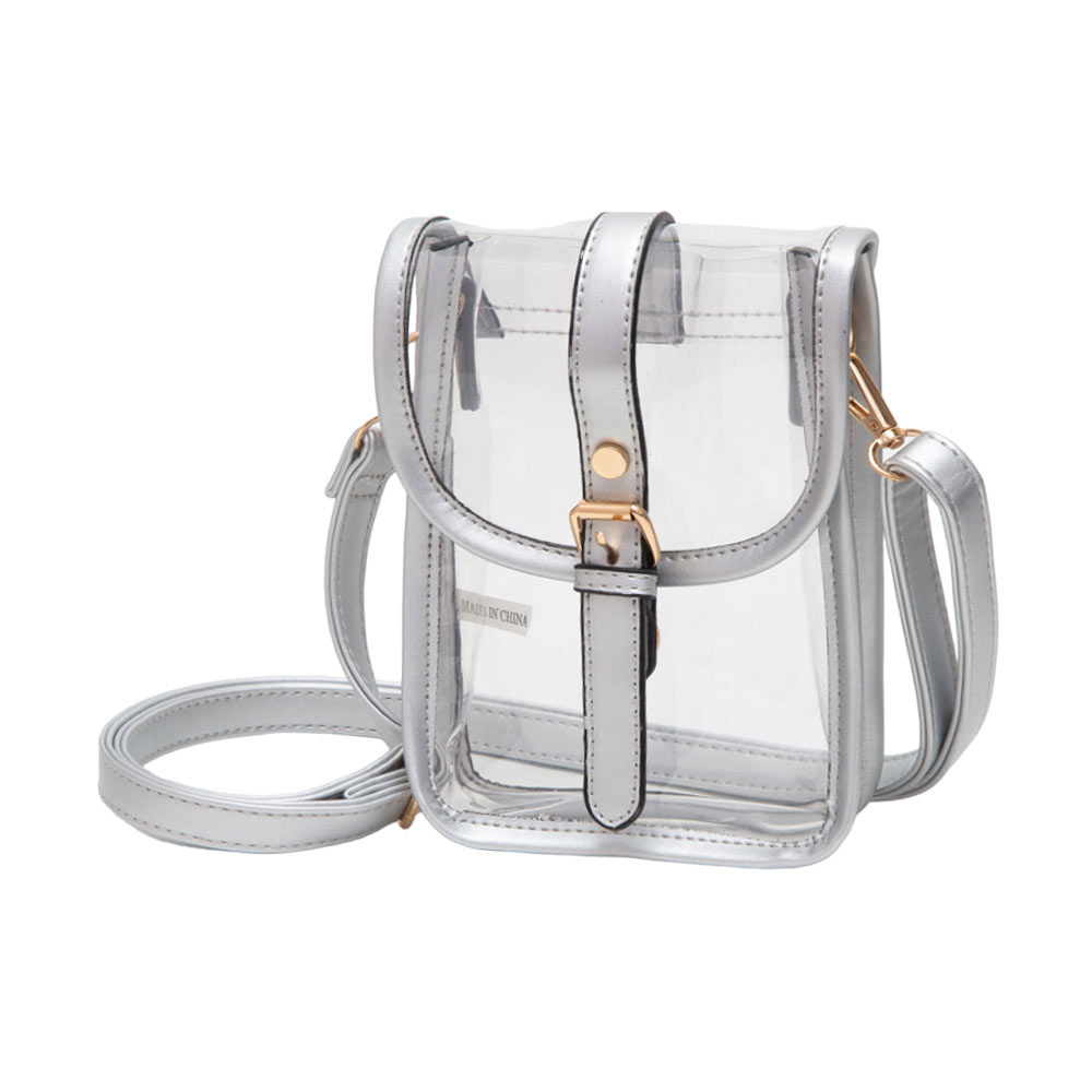 Silver-Faux Leather Belt Buckle Pointed Transparent Crossbody Bag , Expertly crafted from faux leather, this crossbody bag features a unique pointed design and transparent material, making it a modern and fashionable accessory. The belt buckle adds a touch of edginess, while the spacious interior allows for convenient storage