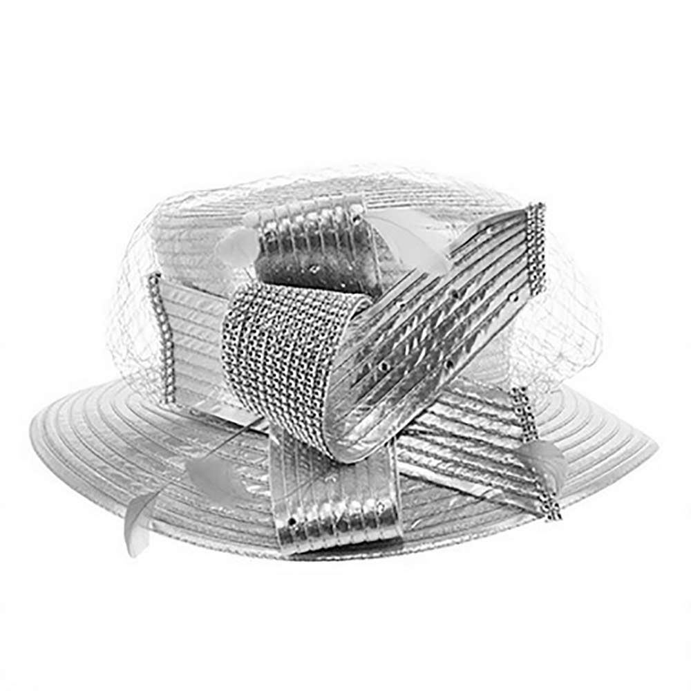 Feather Crystal Detail Metallic Satin Hat - Silver - Dressy Hats