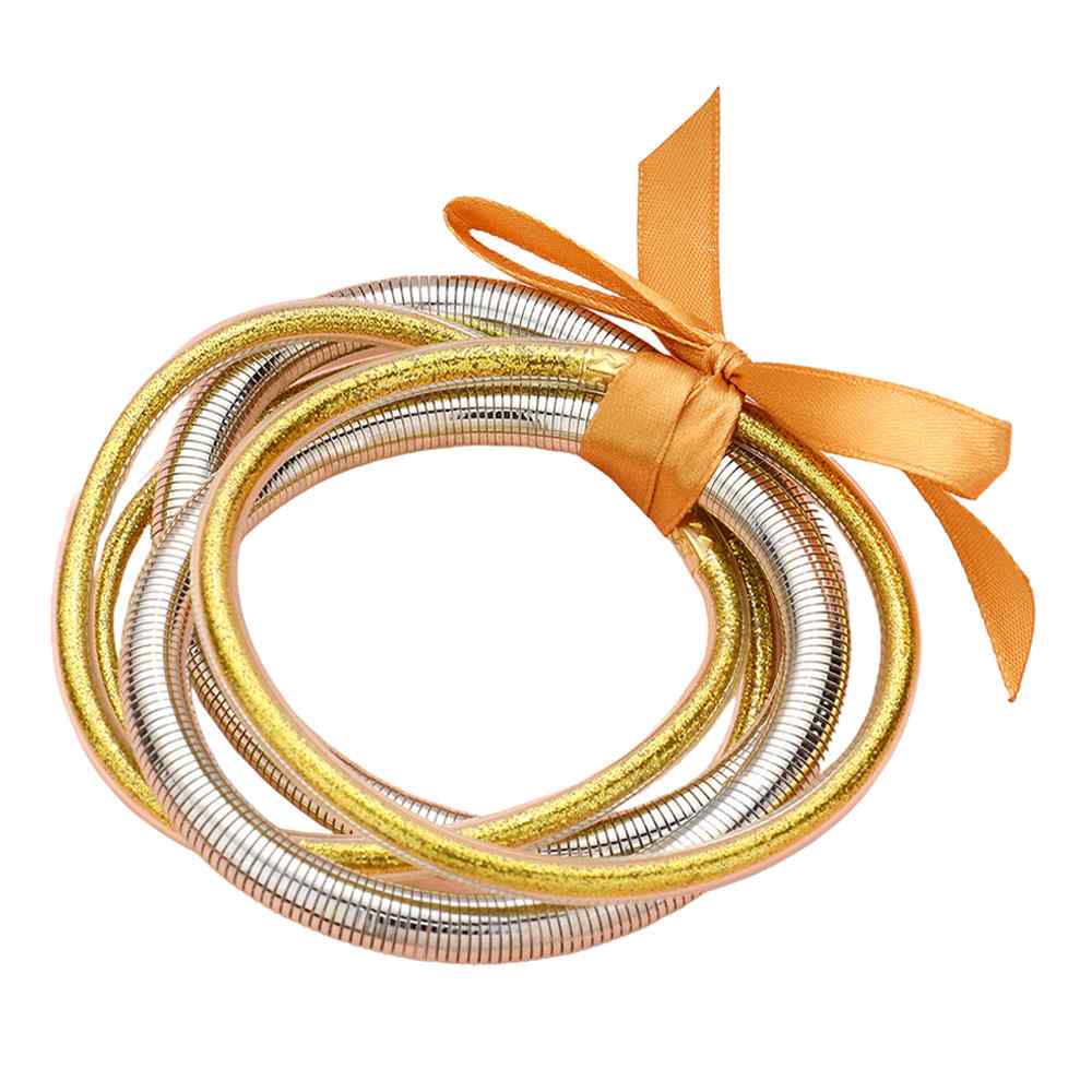 Silver Gold 5PCS Glitter Jelly Tube Metal Elastic Layered Bracelets made with high-quality materials. The elastic design ensures a comfortable fit for all wrist sizes. 