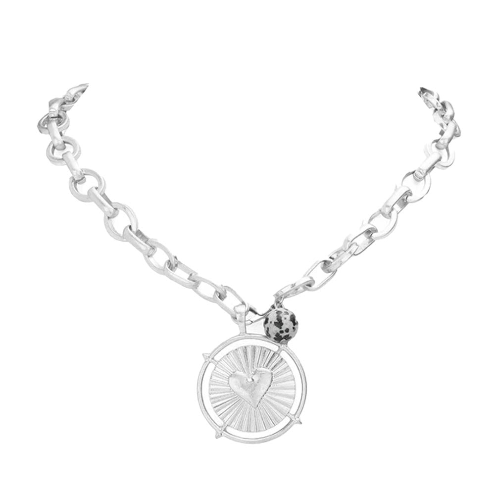 Silver Heart Accented Metal Round Natural Stone Pendant Necklace beautifully crafted design adds a gorgeous glow to any outfit. Perfect Birthday Gift, Valentine's Day Gift, Anniversary Gift, Mother's Day Gift, Regalo Cumpleanos, Regalo Dia del Amor, Regalo Dia de las Madres, Graduation Gift, Thank you Gift, Prom Jewelry, Grad