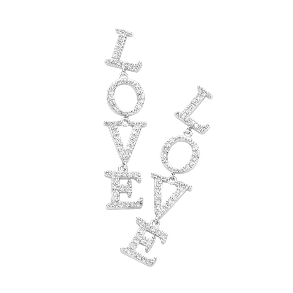 Gold Love CZ Message Link Dangle Evening Earrings are perfect for a glamorous evening out. The stunning design features CZ stones and a delicate link chain, adding a touch of elegance to any outfit. Express your love with these beautiful earrings that make a statement without saying a word.