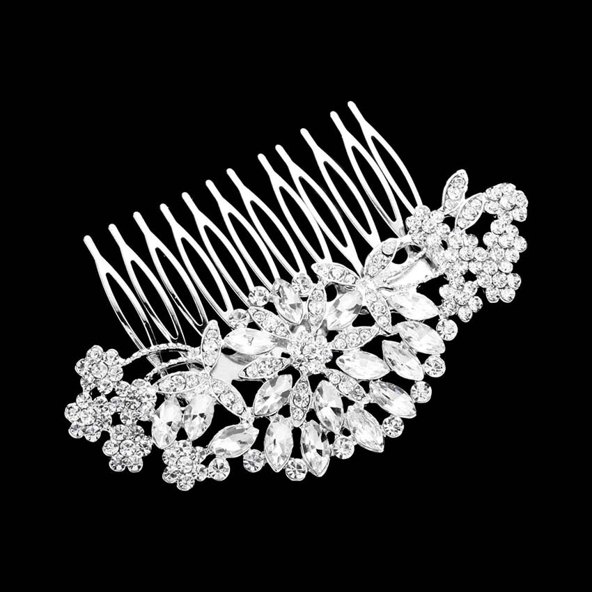 Marquise Stone Cluster Flower Hair Comb - Silver - Hair Combs