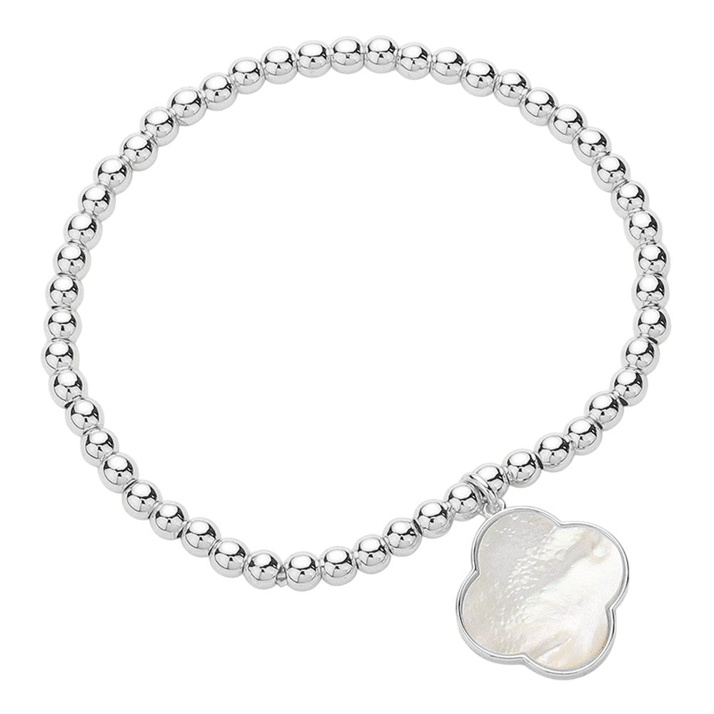 Mother Of Pearl Quatrefoil Charm Stainless Steel Ball beaded Stretch Bracelet - Mother of Pearl Silver - Bracelets